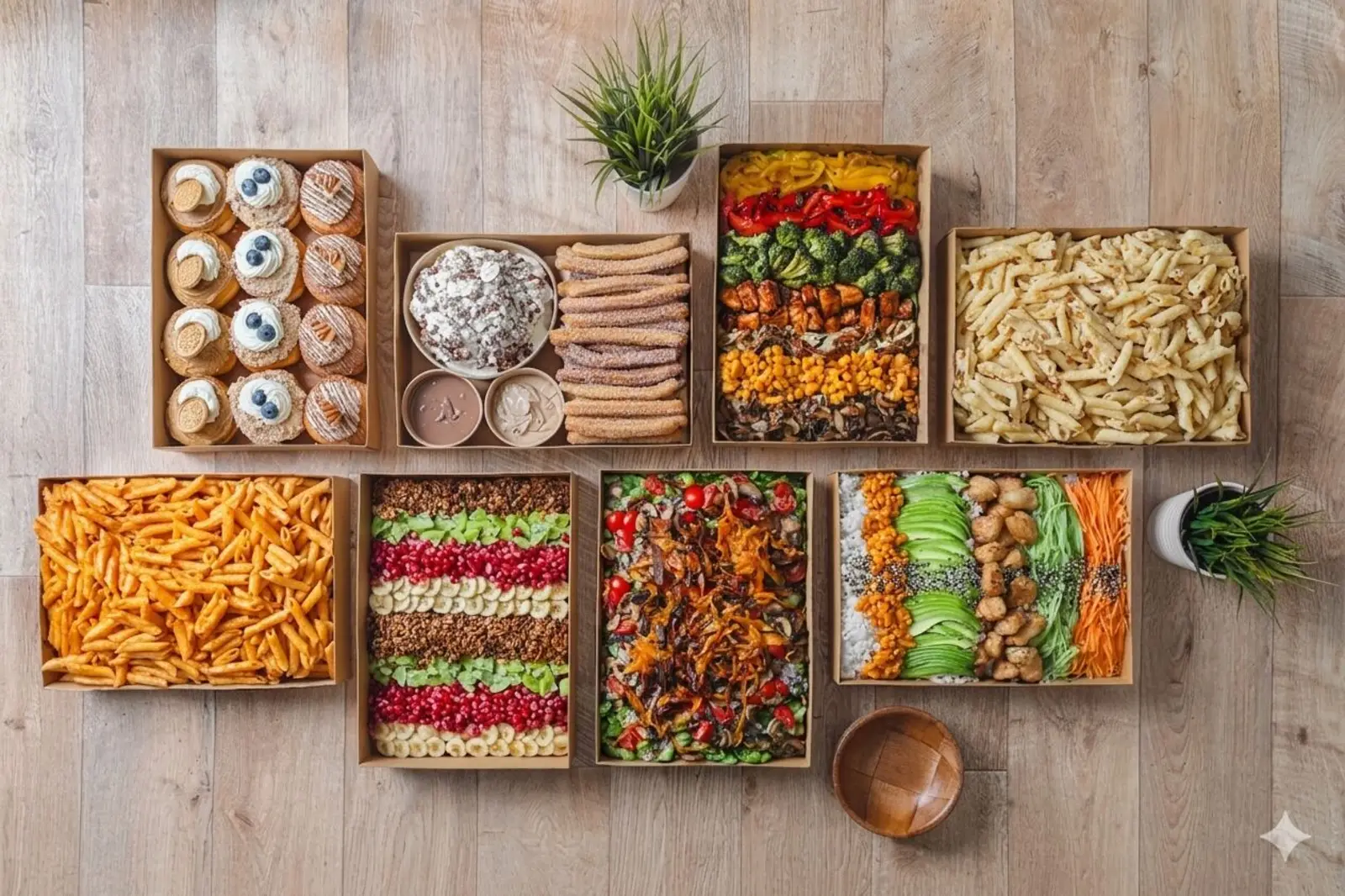 An artful spread of Artisan Eats platters arranged on a wooden table